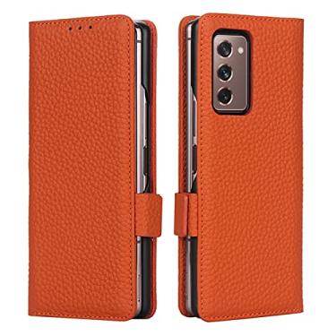 Imagem de Capa para Samsung Galaxy Z Fold 3, capa de couro legítimo premium com compartimentos para cartão, fecho magnético e suporte à prova de choque carteira vintage, laranja