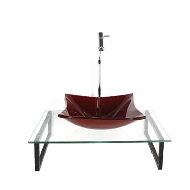 Imagem de KIT CUBA DE VIDRO QUADRADA 10MM VERMELHO CEREJA COM TAMPO 50CM INCOLOR E SUPORTE PRETO