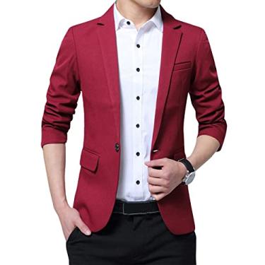 Imagem de Dawwoti Blazer masculino slim fit para casamento, smoking, jaqueta casual versão coreana, Vinho tinto, M