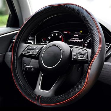 Imagem de Caro De Couro Pressionando A Manga Do Volante Do Volante Four Seasons Anti -Slip De 15 Polegadas Universal, Pele Preta e Linha Preta