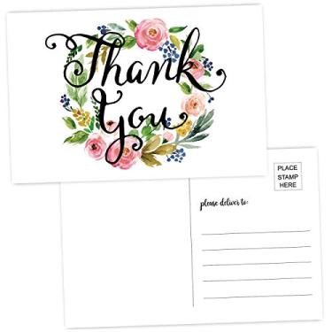 Imagem de 50 cartões postais de agradecimento - cartão de nota de agradecimento, caligrafia floral de aquarela cartão de papelaria para casamento, dama de honra, casamento ou chá de bebê, professores, negócios