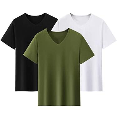 Imagem de 3 peças modal gola V camiseta manga curta modal cor sólida publicidade camisa roupas de aula.., Preto, branco, verde militar, GG