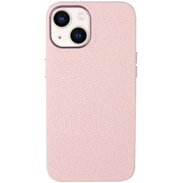 Imagem de IOTUP Capa para Apple iPhone 13 Mini (2021) de 5,4 polegadas, capa traseira de couro com padrão de lichia com forro de microfibra [Novo carregamento sem fio] (cor: rosa)