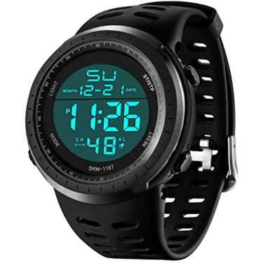 Imagem de LYMFHCH Relógio masculino digital esportivo tela de LED grande face militar relógios e impermeável casual luminoso alarme de cronômetro relógio militar simples, Preto