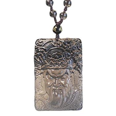 Imagem de HLbshi Colar de cristal natural obsidiana preta guan yu Guan Gong deus da fortuna pingente com corrente, Gema, Obsidiana