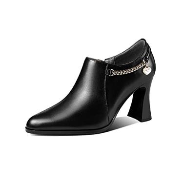 Imagem de TinaCus Sapato feminino de couro genuíno feito à mão, bico fino, zíper lateral, elegante Oxford com pingente de coração requintado, Preto, 8