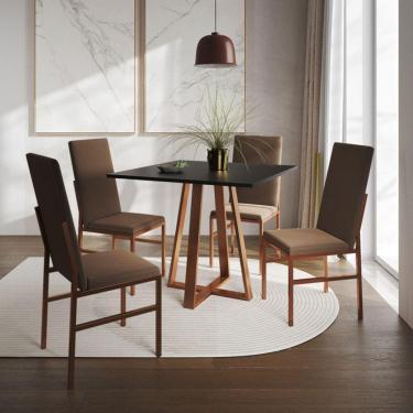 Imagem de Conjunto de Jantar Mesa Mônaco Premium 90cm Preta com 4 Cadeiras Estofadas Marrom Base Cobre