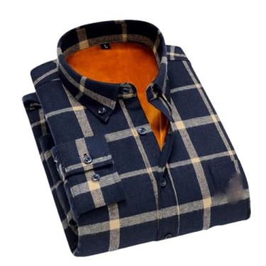 Imagem de Camisa masculina masculina xadrez de flanela masculina casual outono inverno primavera grossa lã quente algodão manga longa, Azul marinho, 3G