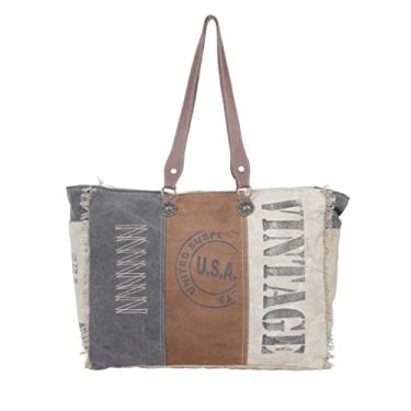 Imagem de Myra Bag Bolsa vintage Chimera - Bolsas grandes de couro e lona para mulheres, marrom, cinza e marfim, design vintage de patchwork, bolsa de ombro para fim de semana, bolsas laterais grandes para