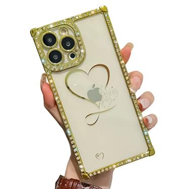 Imagem de Kerzzil Linda capa quadrada compatível com iPhone 13 Pro Max Diamond Slim Clear Case, Bling Glitter Strass Gold Plated Love Heart Pattern Capa protetora à prova de choque para mulheres meninas (ouro)
