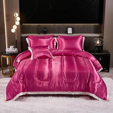 Imagem de Jogo de lençol casal rosa choque seda como cetim branco decoração de casa hotel cama sedosa em uma bolsa, 8 peças com 1 capa de almofada (casal, rosa choque)