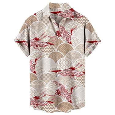 Imagem de Camiseta masculina casual solta com estampa de lapela manga curta abotoada estilo porto floral praia areia masculina manga longa, Caqui, XXG