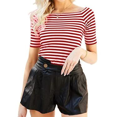 Imagem de LilyCoco Camiseta feminina com ombros de fora, manga cotovela, gola canoa, justa, elástica, Manga de cotovelo listrada vermelha, M