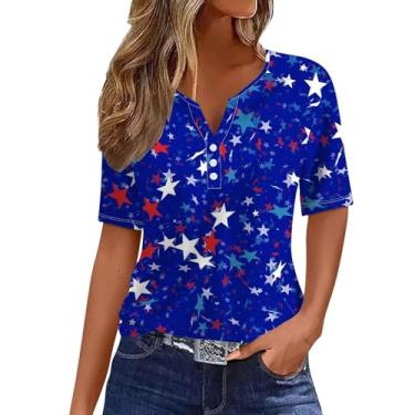 Imagem de Camiseta feminina bandeira americana Dia da Independência Patriótica Top 4th of July Star Stripe Graphic Blusa gola V Button Down Túnica, Azul, G
