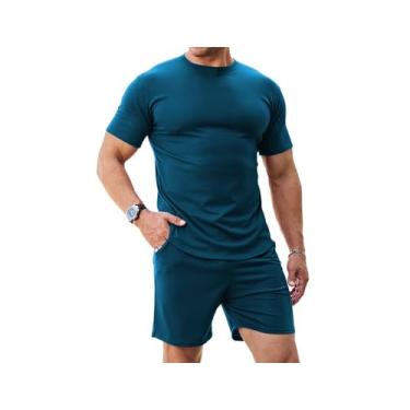 Imagem de Uni Clau Conjunto de 2 peças masculinas, conjunto de camisetas de manga curta com cordão, conjunto de agasalho atlético para jogging, Jeans azul, GG
