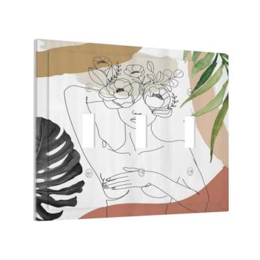 Imagem de Capas de interruptor de luz femininas abstratas de meados do século feminino boho folha de palmeira 3 gangues decorativas exclusivas com três interruptores placa de parede elétrica placa de interruptor para cozinha, banheiro, quarto, decoração de casa