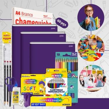 Imagem de Kit Material Escolar Econômico Volta As Aulas Infantil 60 itens Ensino