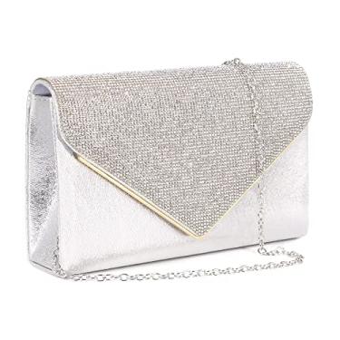 Imagem de Naimo Bolsa clutch feminina com strass para noite, envelope de cetim, bolsa de corrente para festa de casamento, Strass de cetim prata, One Size