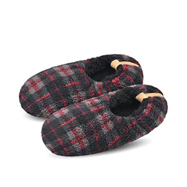 Imagem de DICUIRD Meias masculinas de sola macia com garras, chinelos aconchegantes e quentes com forro de lã de ovelha com parte inferior antiderrapante, chinelos felpudos para casa, Cinza treliça, 7-9.5