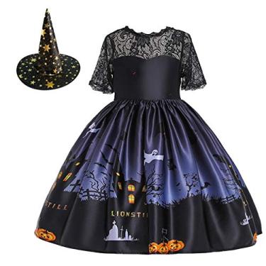 Imagem de Vestido de fantasia infantil de Halloween da MYRISAM com chapéu de bruxa e abóbora fantasma com caveira estampada chique para fantasias de festa de cosplay, Preto, 2 Years