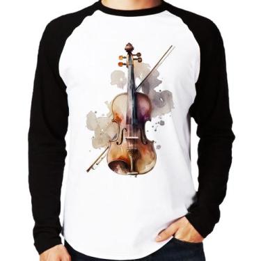Imagem de Camiseta Raglan Violino Manga Longa - Foca na Moda, Branco, Preto, G