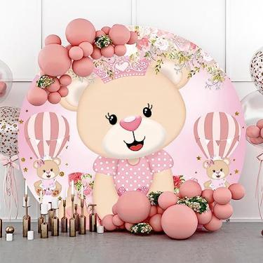 Imagem de AOFOTO 2,2 x 2,2 m urso rosa chá de bebê pano de fundo redondo aquarela flores balão de ar quente estrelas menina de pelúcia festa de aniversário fotografia pano de fundo recém-nascido revelação de
