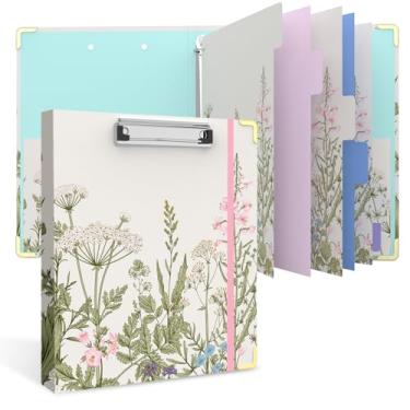 Imagem de Fichário de 3 anéis, fichário redondo de 2,5 cm com 6 divisórias de abas, 2 bolsos internos, prancheta fofa com armazenamento, para escritório escolar, portfólio (flores de jardim)