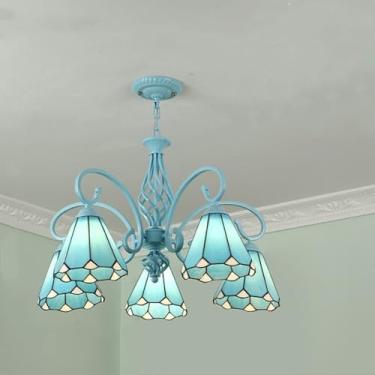 Imagem de DOPZNJWF Lustre estilo Tiffany de 3 luzes com cúpula de vitral azul, luminária pendente vintage, luminária de teto moderna para sala de estar, quarto, hotel