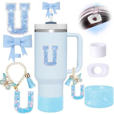 Imagem de Conjunto de 6 peças de acessórios de copo Stanley azul, topo de canudo de arco para copo Stanley 850 g 1,134 g, incluindo cobertura de palha e bota de silicone brilhante, tampas à prova de