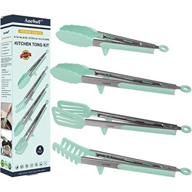 Imagem de Aschef Kit de 4 pinças de silicone para cozinha, antiderrapante, resistente ao calor, aço inoxidável, clipe de travamento inteligente, espátula de macarrão para forno, bife, churrasco, salada,