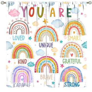Imagem de Cortinas Boho arco-íris para quarto de crianças, lindas nuvens de estrelas, desenhos animados, tratamentos de janela de arco-íris para quarto de meninos e meninas, conjunto de 2 painéis, tamanho total