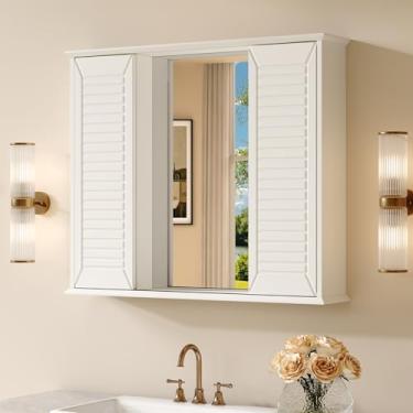 Imagem de FFBCFDK Espelho de armário de remédios para banheiro 72 x 60 cm espelho de banheiro com armazenamento montado na parede armário de madeira organizador de madeira com montagem em superfície de 2 portas