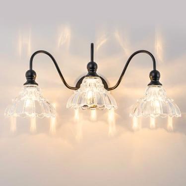 Imagem de BrkNit Luminárias Vintage Para Banheiro Sobre Espelho, Arandela Preta De 3 Luzes Com Cúpula De Vidro Em Formato De Flor, Luzes De Penteadeira Estilo Fazenda Para Quarto, Cozinha, Sala De Estar, Cor
