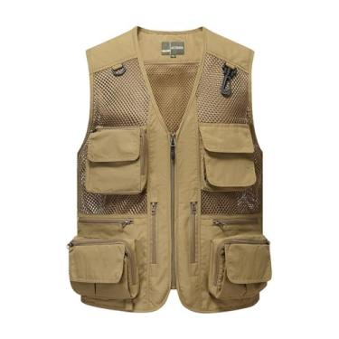 Imagem de Colete De Pesca Sem Mangas Com Vários Bolsos Para Homens Malha Respirável Ao Ar Livre, Jaqueta Casual De Verão Para Caça Fotografia Trabalho Zíper Colete, Para Seu Acampamento, Caminhada(Khaki,X-Large