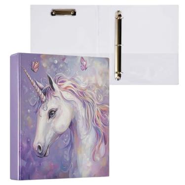 Imagem de Fichário redondo de unicórnio 1,5 borboleta roxa cavalo 3 anéis para prancheta para escritório, escola, material de trabalho, pasta de arquivo, capacidade de 200 folhas, fácil de abrir