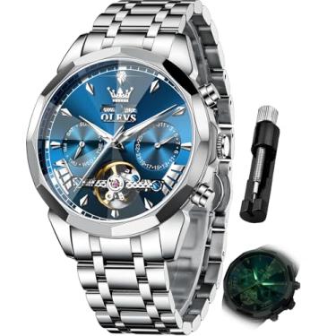 Imagem de OLEVS Relógios de pulso masculinos automáticos mecânicos luxuosos, mostrador grande, turbilhão, esqueleto, luminoso, G6619: pulseira prata e mostrador azul, Presente de festa clássico casual de luxo