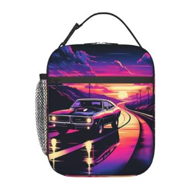 Imagem de ainori Lancheira de carro retrô reutilizável para crianças, meninas, meninos, mulheres, adultos, isolada, vintage, neon, rodovia, lancheira, bolsa térmica de poliéster, para escola, piquenique