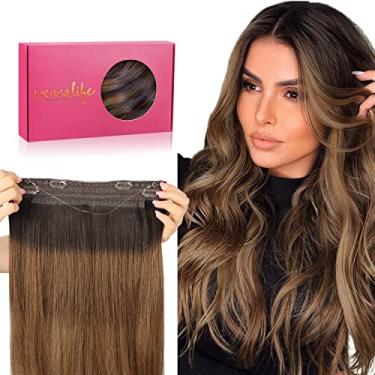 Imagem de WENNALIFE Extensões de cabelo de arame (aumentam 50% da vida útil) Cabelo humano real 50,8 cm 110 g marrom escuro a marrom castanho e loiro sujo realçado Remy cabelo invisível fio transparente linha