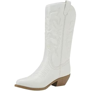 Imagem de SODA Botas femininas RENO ~ caubói costuradas bico fino salto baixo cano médio cano médio botas fashion, Poliuretano branco/bege, 9