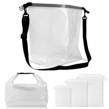 Imagem de SlendyPop Bolsa para praia, academia, natação, artigos de higiene com três bolsas, alça ajustável, leve com forro de malha transparente, Espuma do mar branca