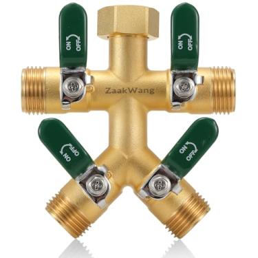 Imagem de ZaaKWang Divisor de mangueira de jardim, torneira externa de fluxo total de 4 vias, coletor de mangueira de latão resistente com cabo longo verde, adaptador de torneira de alto fluxo, 3/4 polegadas