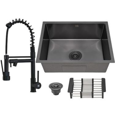 Imagem de Kit Cuba Aço Inox C/ Torneira Flexível Gourmet Cozinha Preta - Kparts 