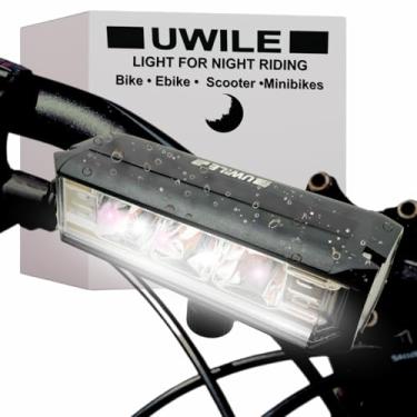 Imagem de UWILE Luz de bicicleta ultra brilhante para andar à noite, farol de bicicleta recarregável, lanterna de bicicleta à prova d'água, 5 modos, suporte firme, guidão tubular MTB, ciclismo, tubo de direção,