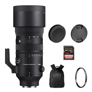 Imagem de Sigma Lente esportiva 70-200 mm f/2.8 DG DN OS para Sony E | Lente de câmera Dyanmic Zoom com filtro UV Tiffen 77 mm, cartão SD Extreme PRO de 128 GB e mochila para câmera com armazenamento versátil