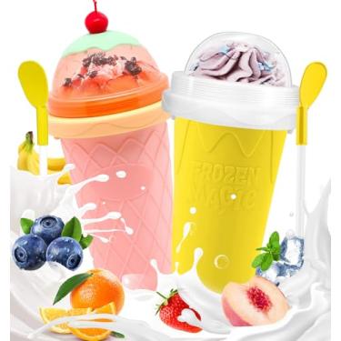 Imagem de Copo Slushie, pacote com 2 copos para fazer sorvete de iogurte, faça você mesmo com tampa e canudo para crianças, amigos e familiares (amarelo + rosa cereja)