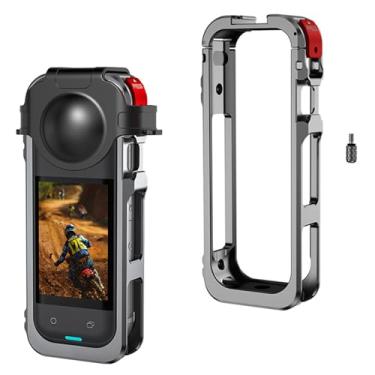 Imagem de HUAYUWA Gaiola de câmera com tampa de lente de silicone compatível com Insta360 X5, capa protetora de moldura utilitária de liga de alumínio para acessórios de moldura de câmera de ação Insta 360 X5