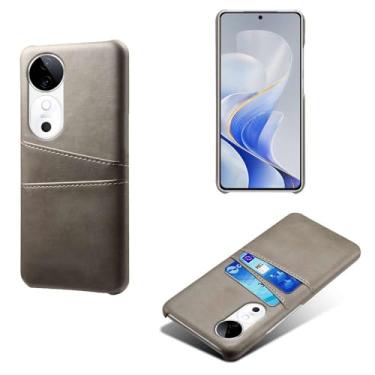 Imagem de Capas Compatível com VIVO S19 5G,Caso de couro PU-Tampa de telefone a prova de choque com 2 slots de cartão,Proteção anti-impressão digital e anti-gota-Grey