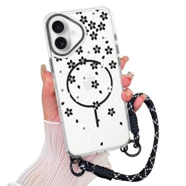 Imagem de AIGOMARA Capa magnética para iPhone 16 Plus [compatível com MagSafe] Capa de telefone com estampa floral transparente com cordão de pulso, capa fina à prova de choque para meninas e mulheres, preta