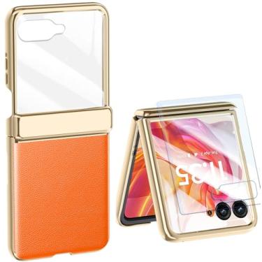 Imagem de Capa de couro para Motorola Razr 50 Ultra com protetor de tela integrado e proteção de dobradiça, capa protetora à prova de choque de couro PU ultrafina de luxo e moldura chapeada para Motorola Razr+