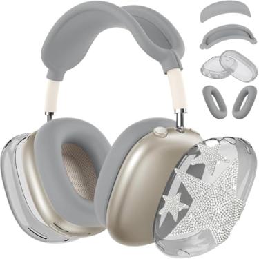 Imagem de [4 em 1] Capa para AirPods Max (2024/2020) Capa para fone de ouvido/capa para fones de ouvido com decoração de estrelas brilhantes para fones de ouvido Apple AirPods Max (cinza Star-T)